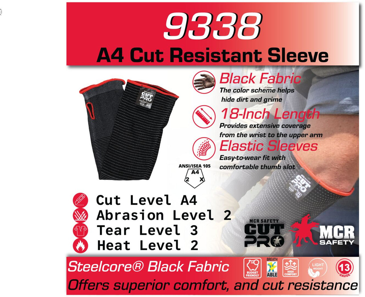18" Black Steelcore A4 Cut Resistant Sleeve w/ Thumbhole, Bag of
