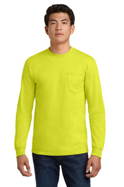Ultra Cotton/Poly Long Sleeve Tee with Pocket, Hi-Vis Green