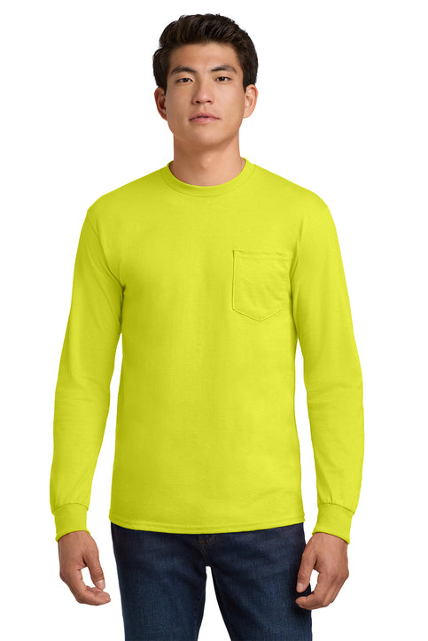 Ultra Cotton/Poly Long Sleeve Tee with Pocket, Hi-Vis Green