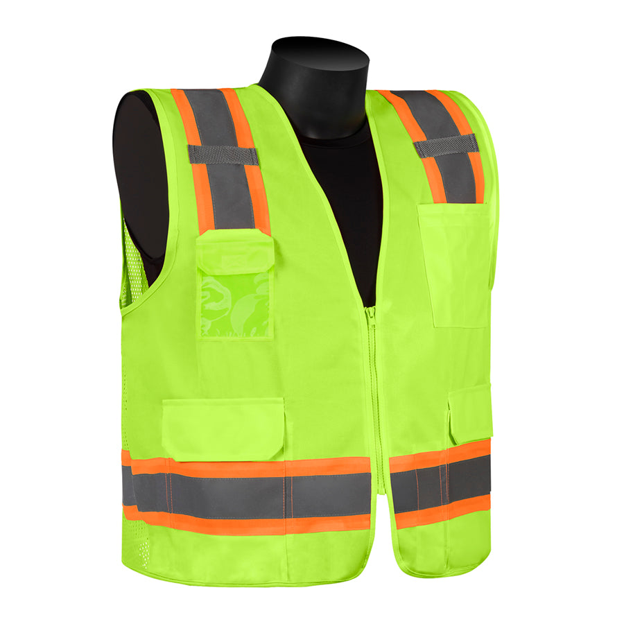 Class 2 Two-Tone Surveyor Vest Front Zipper Solid Front Mesh Back, Hi-Vis Green