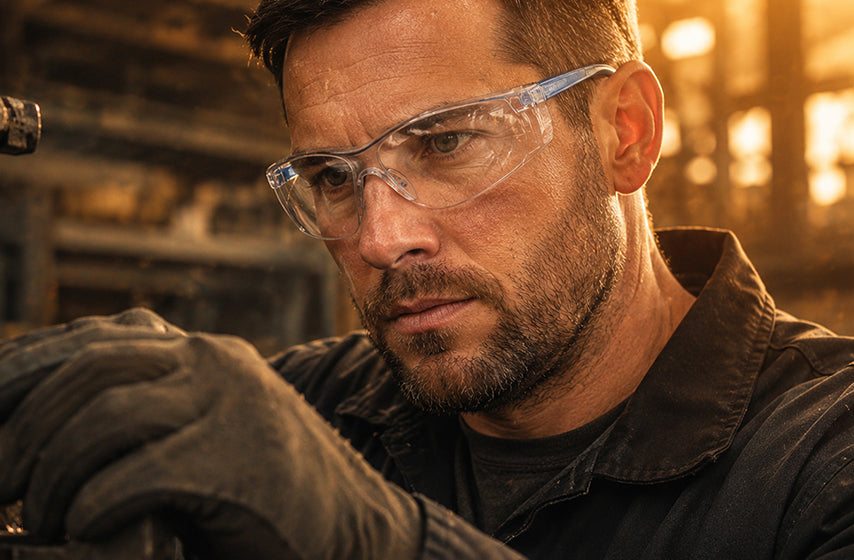Employee using prescription safety glasses on an active jobsite