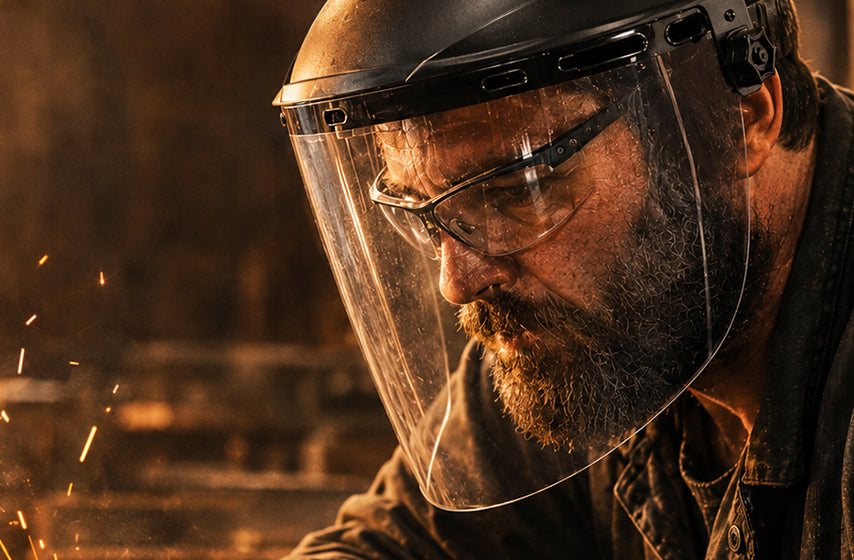 Industrial worker wearing a full face shield for workplace protection 
