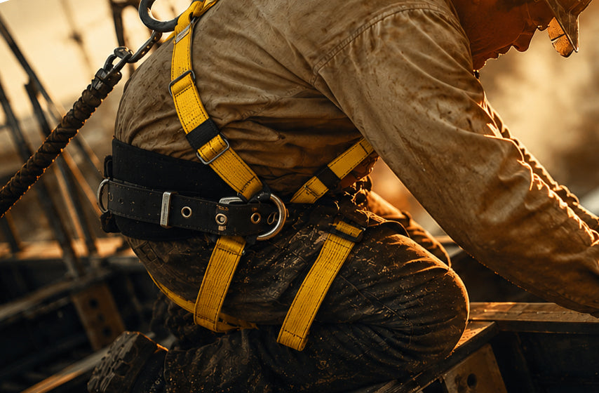 Worker wearing a fall protection safety harness on a construction site
