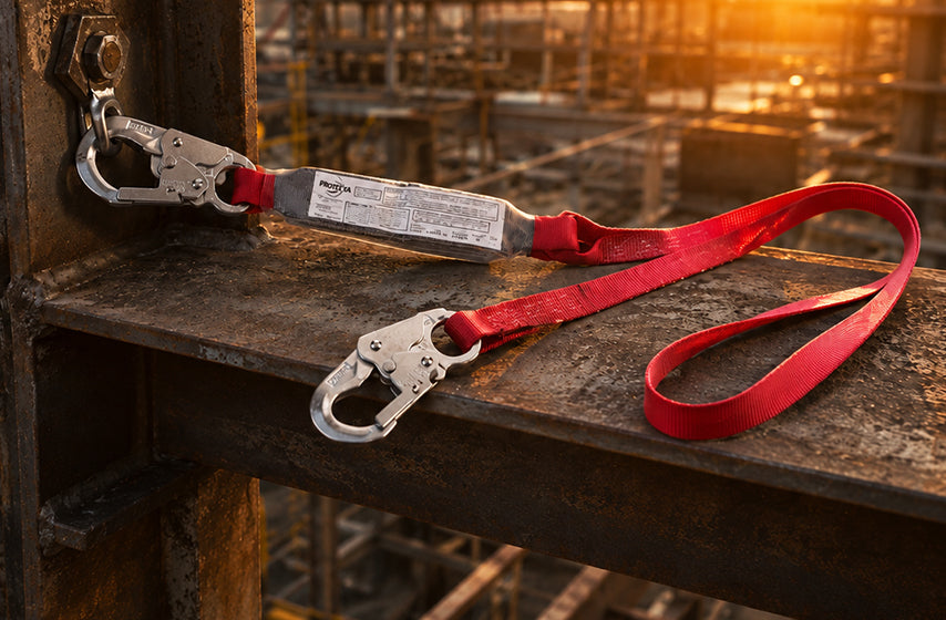 Fall protection lanyards connected to a worker safety harnes