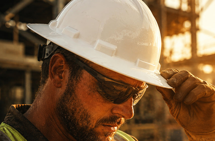 Full brim hard hat for enhanced head protection on demanding outdoor jobsites 