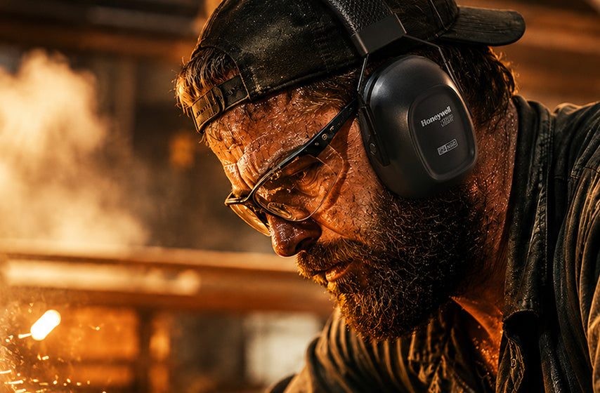 Worker wearing safety earmuffs for hearing protection in a high-noise environment