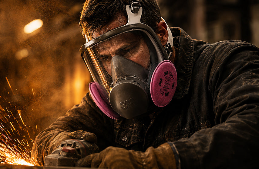 Worker wearing a full face respirator for advanced respiratory protection