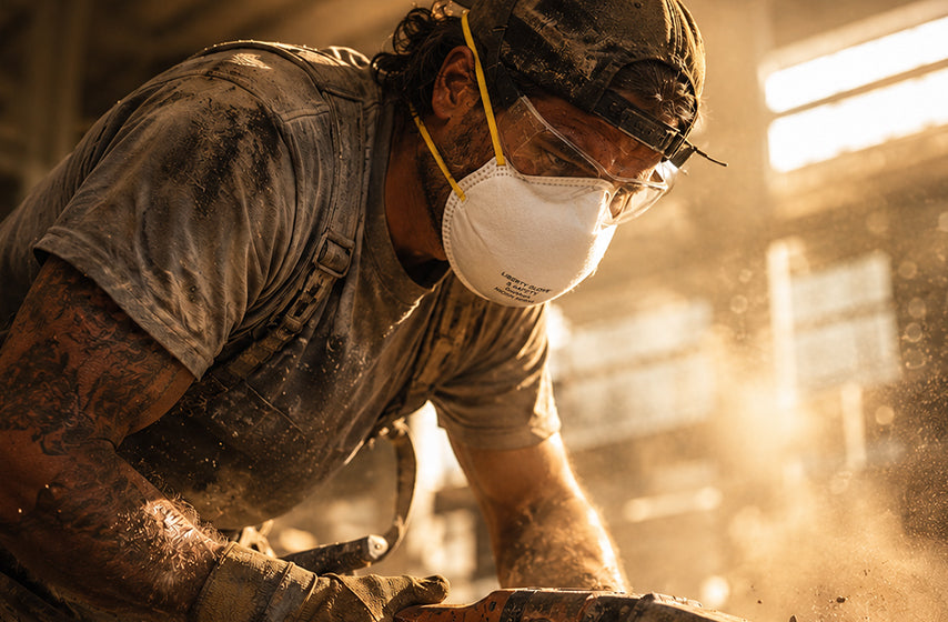 N95 respirator mask providing airborne particle protection on the jobsite 
