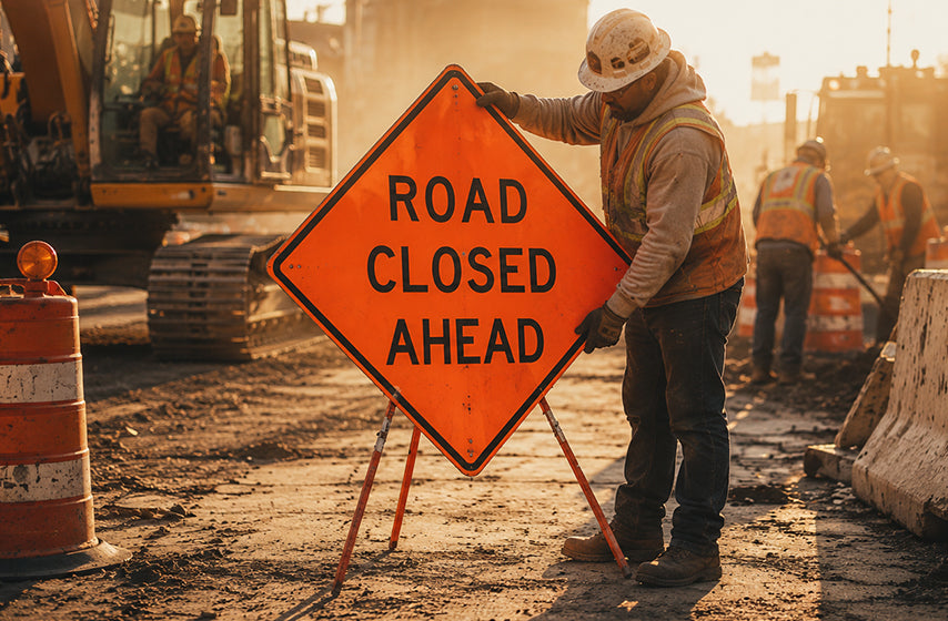 Worksite safety signs for traffic direction, warnings, and jobsite compliance