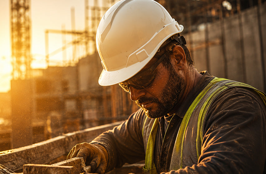Construction worker wearing a hard hat on an active jobsite 