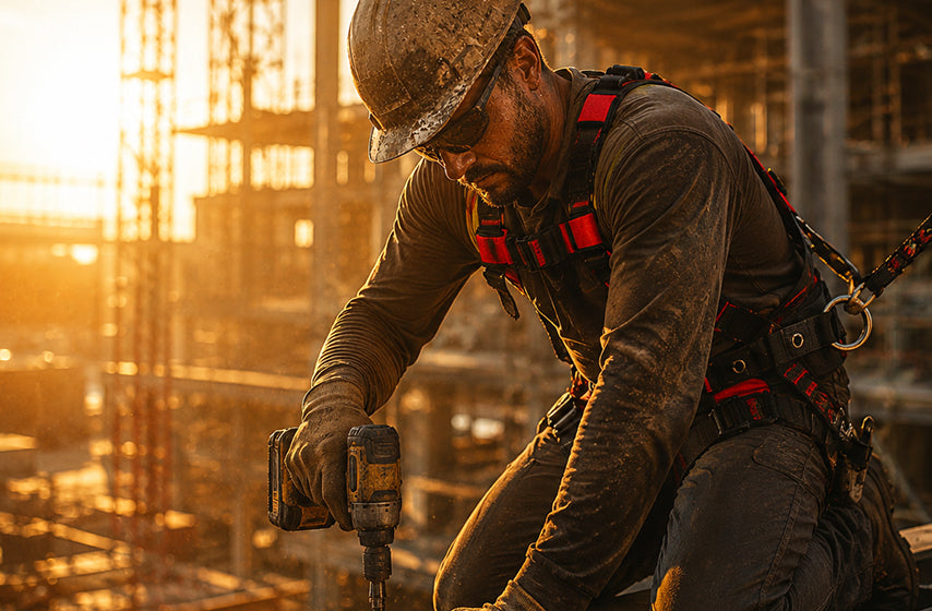 Construction worker using fall protection equipment at height 