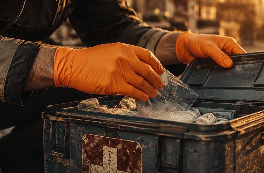 First responder wearing protective gloves during emergency response