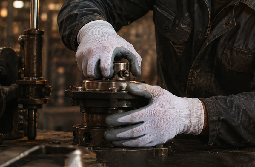 Industrial workers wearing cut-resistant gloves on the job 