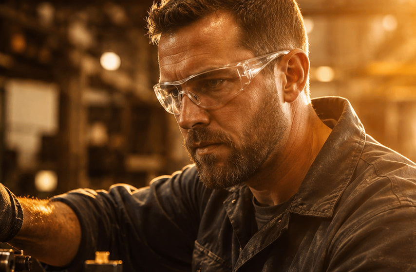 Industrial worker wearing ANSI-rated safety glasses in a manufacturing facility