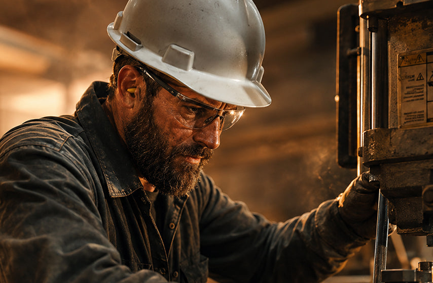 Industrial workers wearing hard hats in an active industrial work environment 