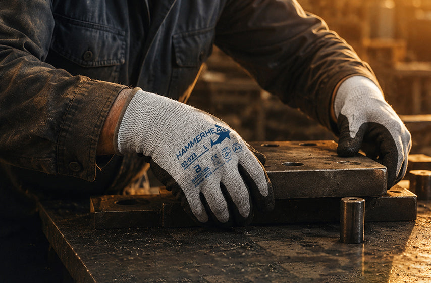 Manufacturing worker wearing protective work gloves on production floor 