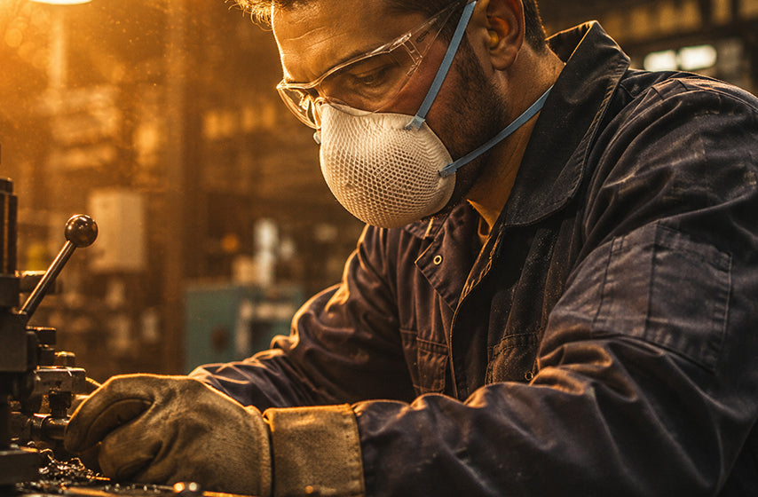 Manufacturing employee wearing a respirator in manufacturing facility