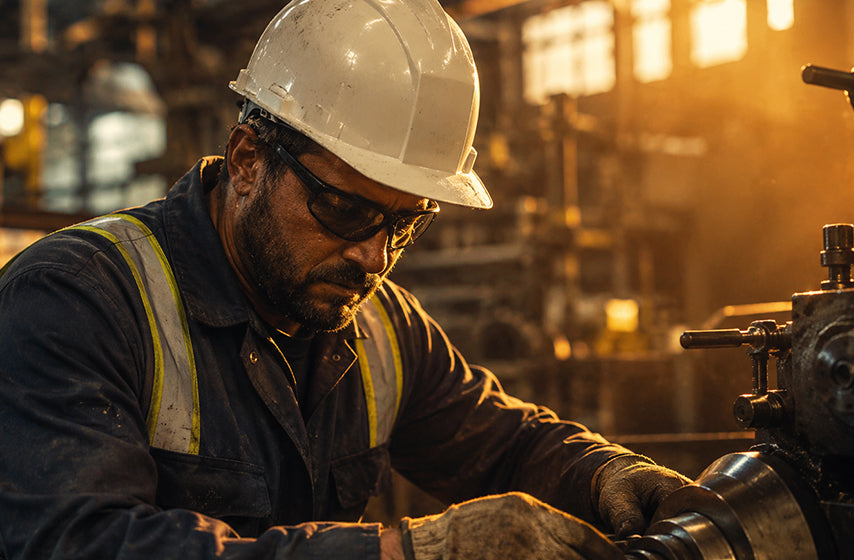 Manufacturing worker wearing hard hat in industrial workplace 