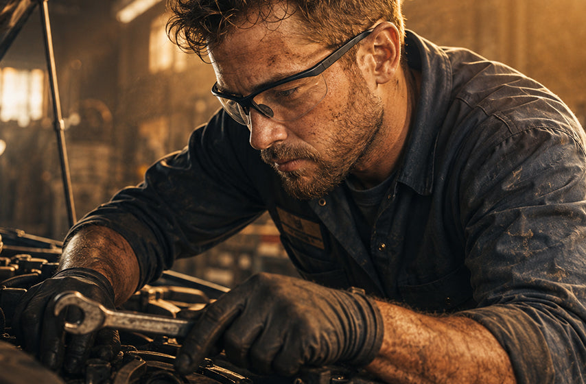Mechanic using safety glasses during vehicle repair and maintenance 