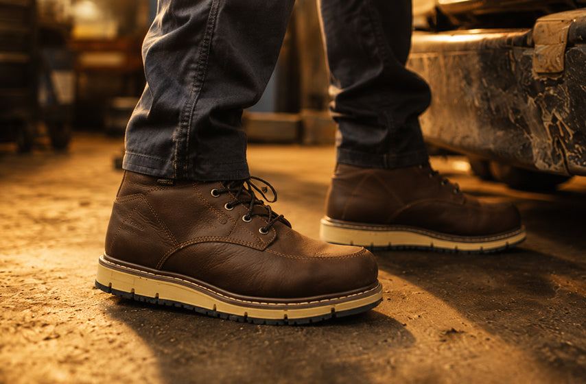Mechanic safety boots providing protection in an automotive workshop