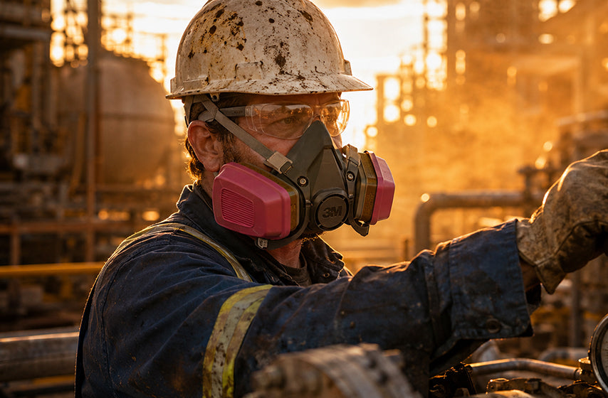 Oil and gas worker using respiratory protection in a hazardous environment 