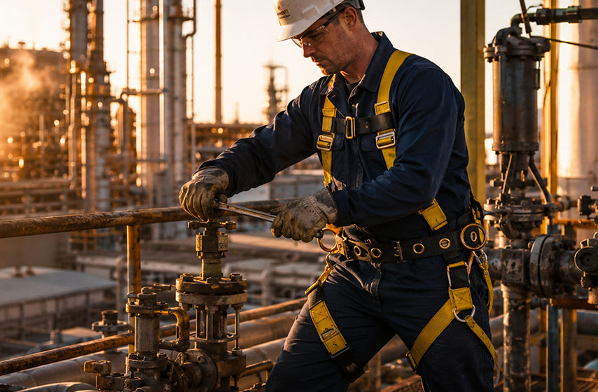 Oil and gas worker using fall protection equipment on elevated structures 