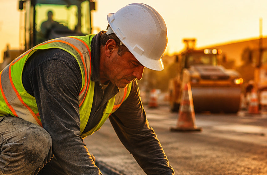 Road construction crew wearing head protection on highway construction zone