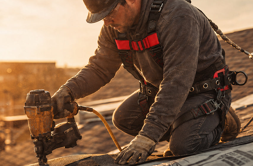 Roofing worker using fall protection equipment on a commercial roof 