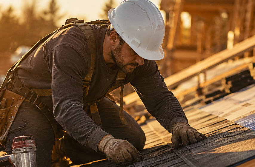 Roofer wearing head protection while working at height