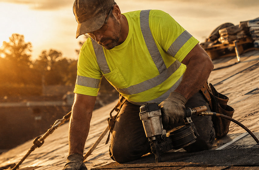 Roofing crew wearing high-visibility safety apparel on a job site