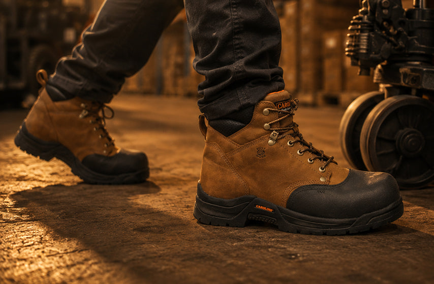 Warehouse worker wearing protective safety footwear in a distribution center