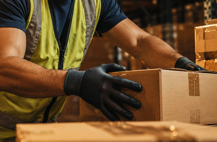 Warehouse employee wearing protective work gloves while handling inventory