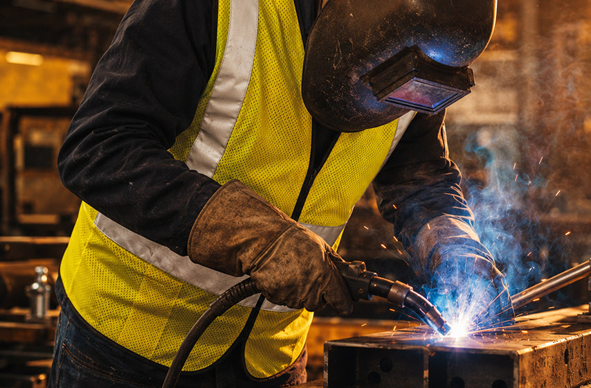 Welder wearing FR clothing for heat, flame, and spark protection