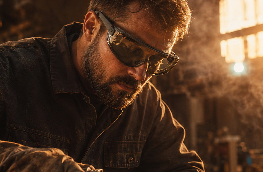 Welder using eye protection to guard against sparks, debris, and UV exposure
